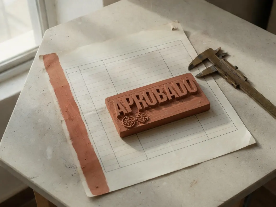 Paper inspection form on a limestone table, with brass calipers and a clay stamp.