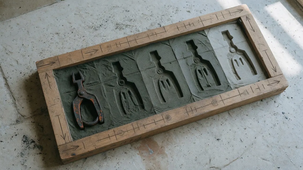Foundry mold from above: one finished iron tool and four empty cavities in the same frame.